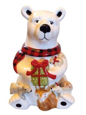 NIB Polar Bear Cookie Jar Gibson Home Polar Friend 9" Christmas Holiday Ceramic